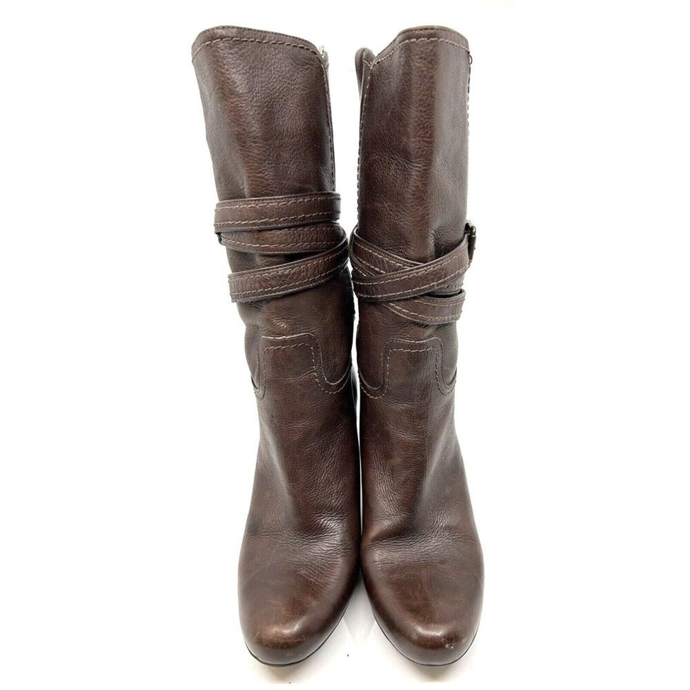 Gianni Bini Women's Monica Mid Calf Boots Brown Leather Sz. 8M Wrap Strap Buckle